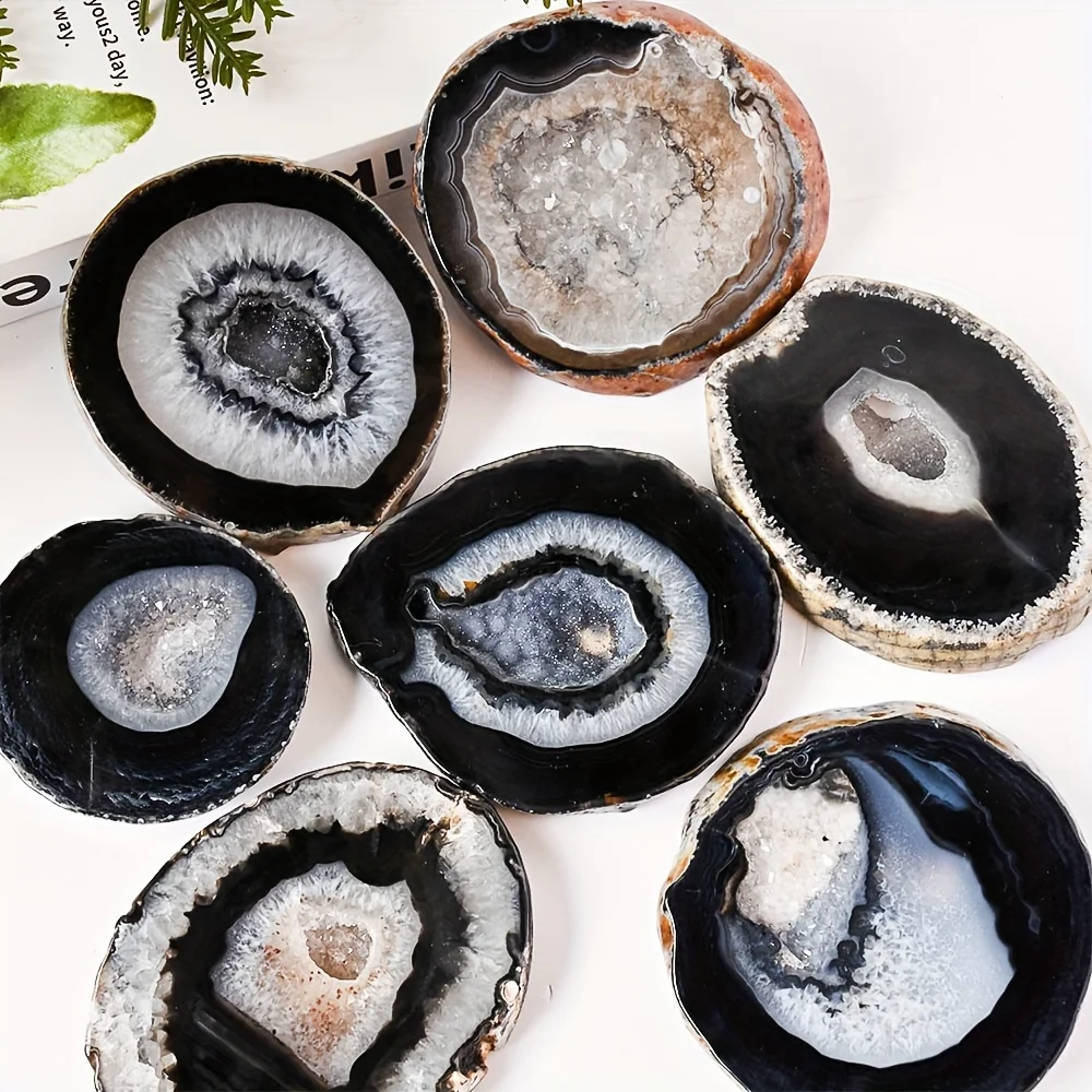 1pc Natural Black Agate Geode Slice Style Round Cut Crystal with Natural Inclusions Glossy Black Agate Gift for Home&Office view 4