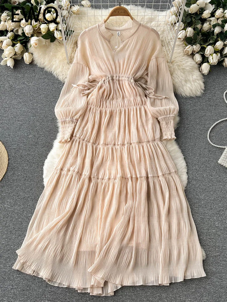 EWQ Sweet Style Y2K Long Dresse For Women Solid Color Pleated Long-sleeve High Waist A-line Dresses Autumn Autumn 2023 New 0950