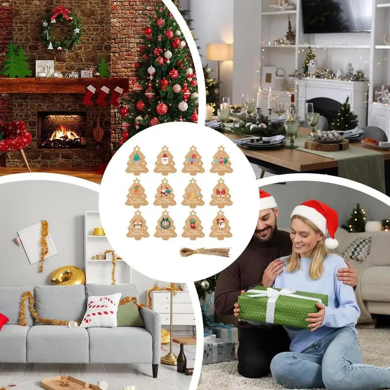 ポータブルクラフト紙クリスマスラベル、かわいい装飾品セット、クリスマスの休日のタグ、吊り下げ装飾、宿題