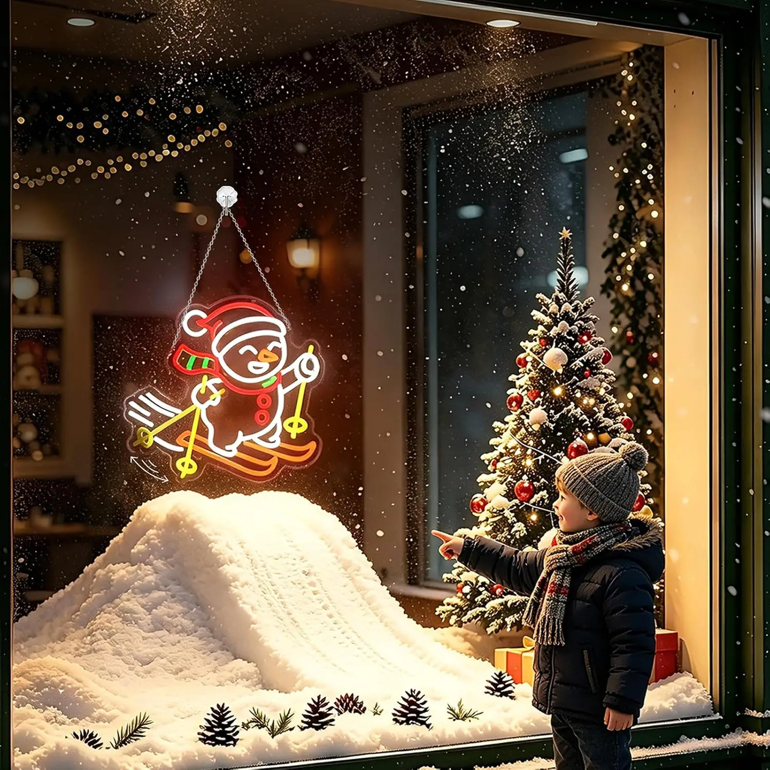 Waving Christmas Skiing Snowman Neon Sign USB LED Neon Light Wall Hanging Light for Xmas Party Home Bedroom Aesthetic Decor Gift