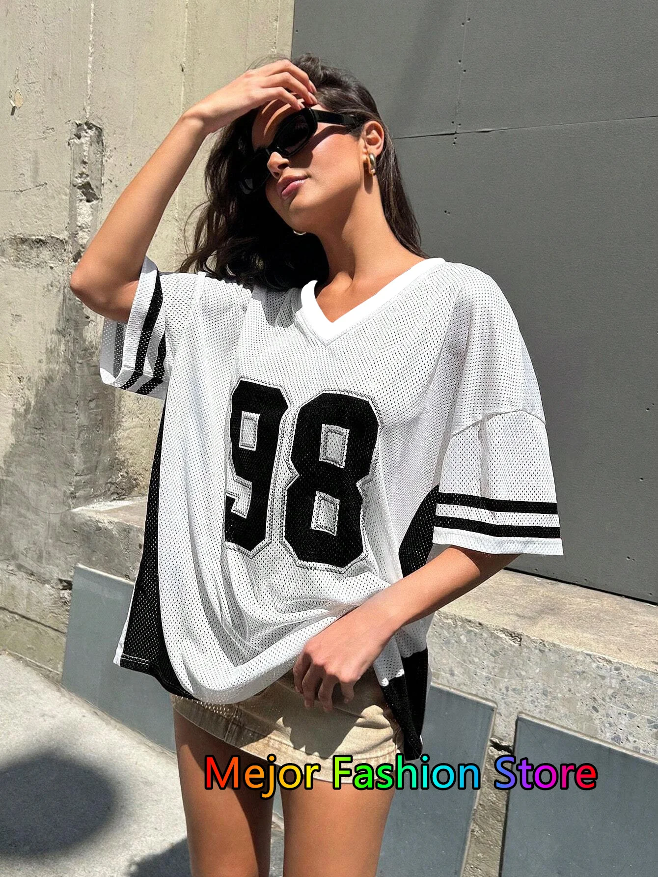 2025 Summer New Retro Patchwork 98 Print T-Shirt For Women V-Neck Short Sleeve Sports Football Jersey Y2K Loose Oversized Tops