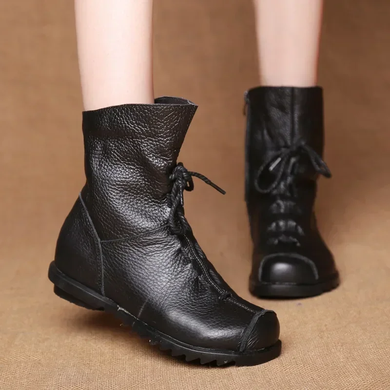 Lace-up Flat Vintage Shoes for Women Leather Warm Short Boots Winter Round Toe Roman Ankle Boots Women Non Slip Botas De Mujer