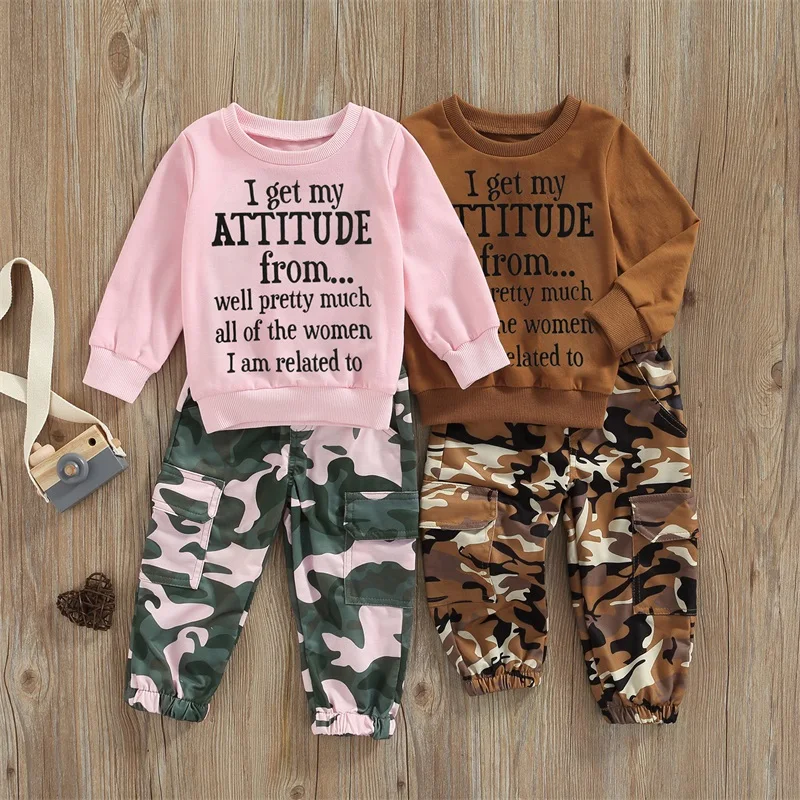 

Girls Clothes Set Kids Autumn Letter Print Long Sleeve Sweatshirt Tops and Stretch Camouflage Pants 2 Piece Outfit Streetwear