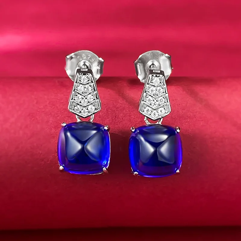 New European and American S925 silver inlaid 8 * 8 royal blue sugar tower earrings for women with noble and elegant temperament