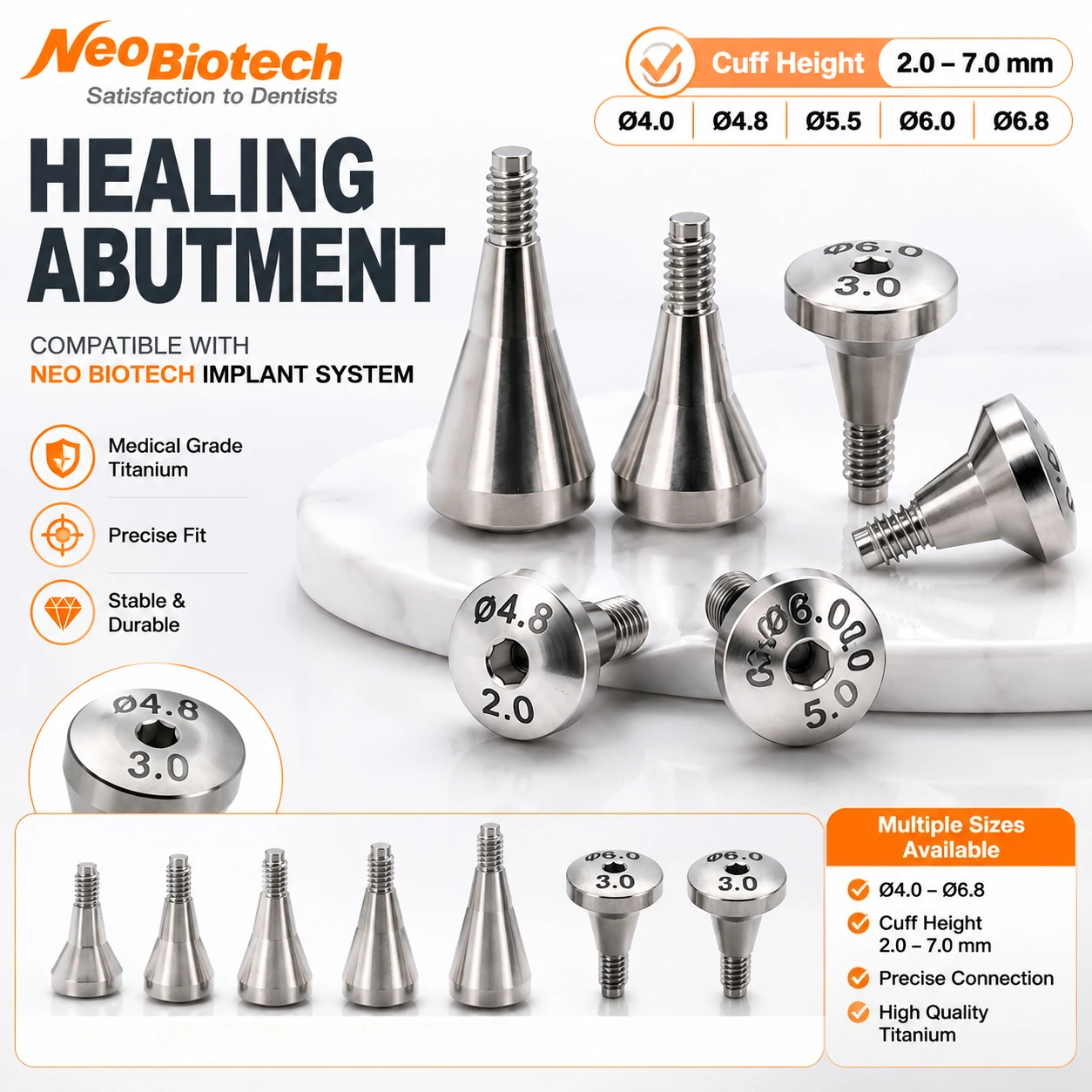 NeoBiotech Healing Abutment, Grade 5 Titanium Alloy Screw Retained Healing Cap, Factory Direct Supply for Dental Clinic & Lab,