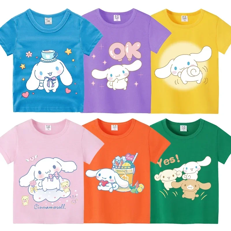 

Детская футболка Cinnamoroll Kawaii, летняя мягкая футболка с короткими рукавами Sanrios с рисунком собаки, модные топы для мальчиков, одежда для девочек, повседневный подарок для детей