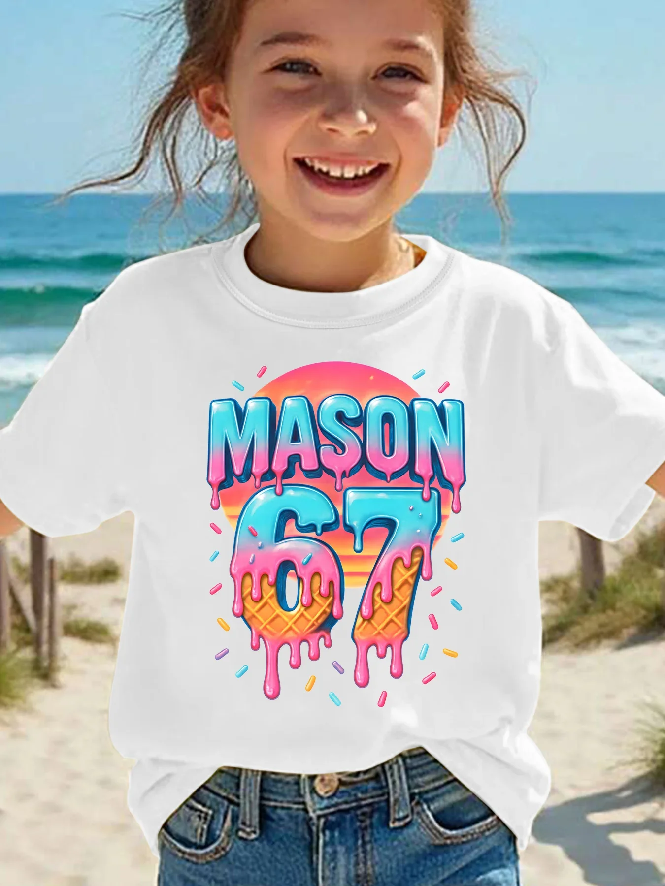 Kid Mason 67 Ice Cream Drip Graphic T Shirt Colorful Melting Letter Waffle Number Print Short Sleeve Crew Neck Summer Casual Tee