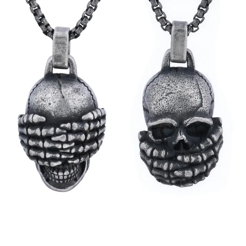 Vintage Dark Style Eye-Covered Skull Necklace, Carved Stainless Steel Pendant, Retro Craft Popular European Accessory