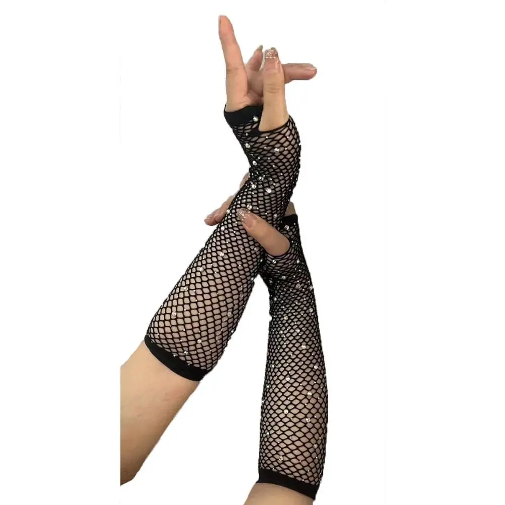Thin Prom Party Gloves Mesh Gloves Masquerade Hollow Out Rhineston Gloves Etiquette Long Gloves Girl
