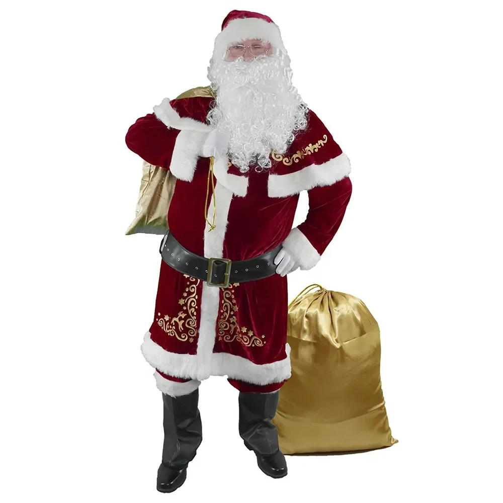 Christmas Cosplay Santa Claus Costume Christmas Costumes Red Deluxe Velvet Clothes Suits Adult Kids Role Play Props Family Party