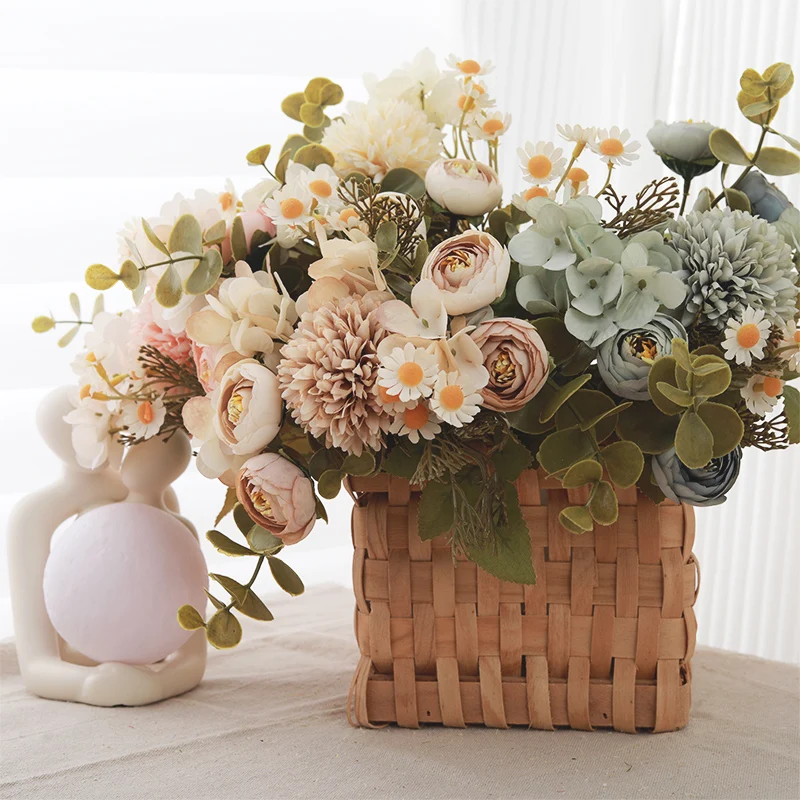 Ramo de té rosa de seda delicada, girasol, decoración de boda, hogar, Día de San Valentín, Hortensia de diente de león, flores artificiales