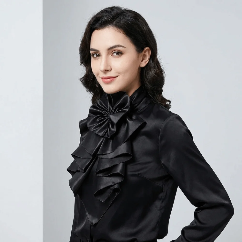 Mehrschichtiges Dekor, abnehmbarer Rüschenkragen, große Schleife, verstellbarer Fake-Kragen, schicke Polyester-Bluse, dekorativer Kragen, Themenparty – Detail 11