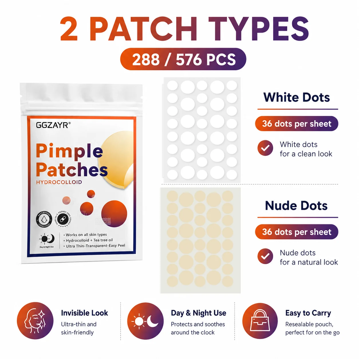 288/576 Pcs Hydrocolloid Pimple Patches, Invisible & Natural Dot Stickers for Acne, Day & Night Use, Easy Carry