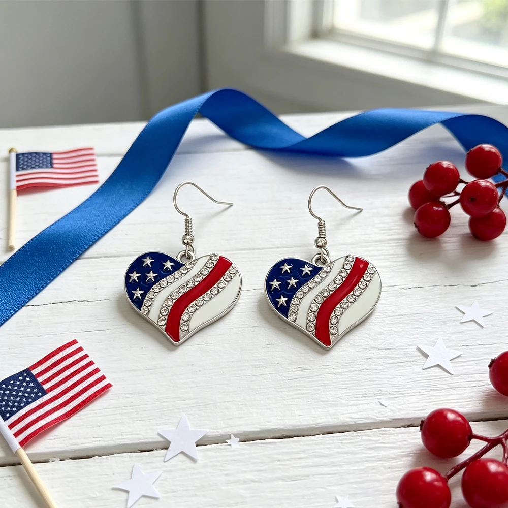 American Flag Heart-Shaped Rhinestone Ear Hooks, Independence Day Patriotic Themed Oil-Drip Earrings, Trendy Personalized Ear Accessories for European and American Holiday Parties