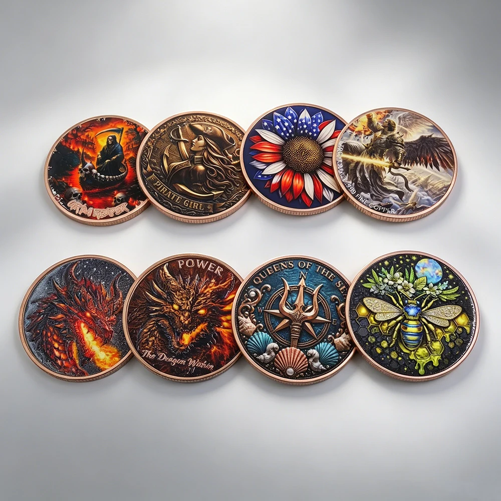 28 Designs Pièce Commémorative en Cuivre Fin 999 Embossée, Motifs Grim Reaper, Pirate, Dragon, Tarot, Sorcière, Cadeau Souvenir de Collection
