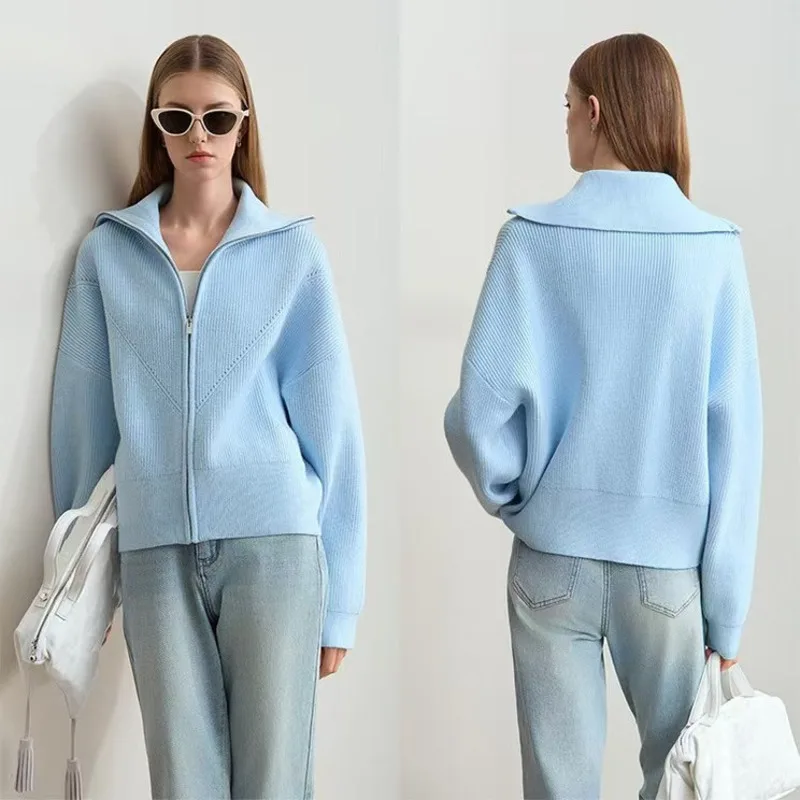 

Winter New Women Warm Loose Bright Line Decoration Knitwear Fashion Style Turn-Down Collar Knitted Zipper Sweater Cardigan