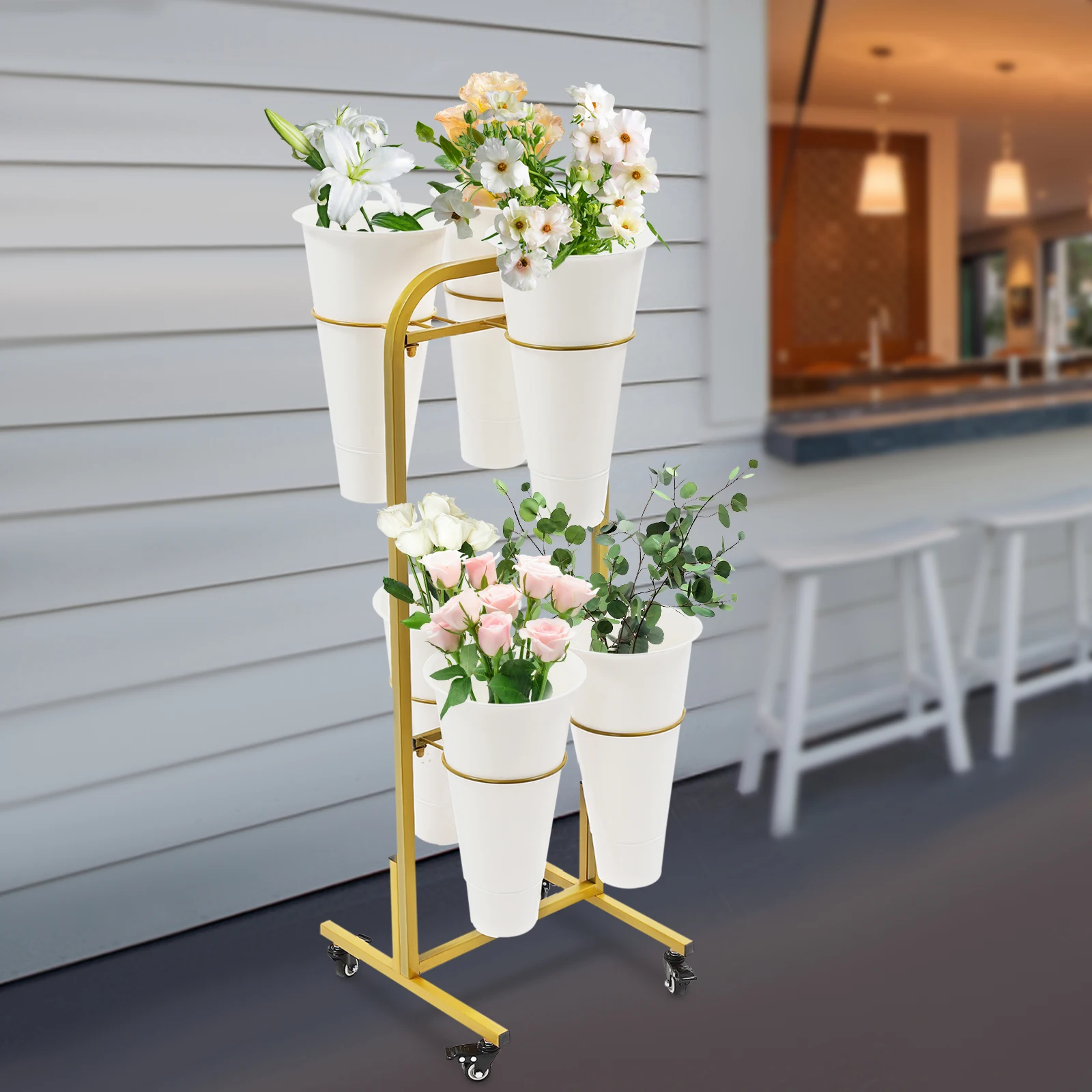 

2-Tier Metal Flower Display Stand with 6 Buckets & Wheels, Heavy Duty Plant Shelf for Home/Wedding Decor (Gold/White)