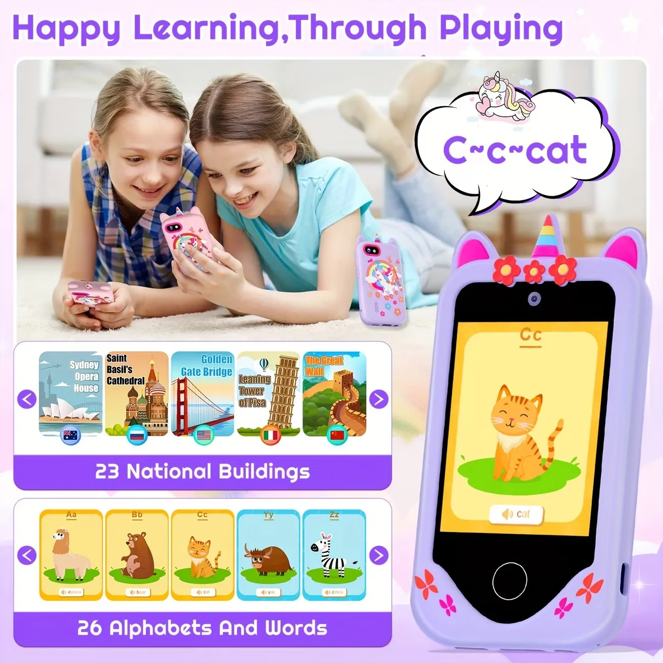 Smart Phone MP3 Player Camera Toys Digital Camera Kids Touchscreen Unicorn Baby Mobile Educational Toys for Girls Boys Age 3-8