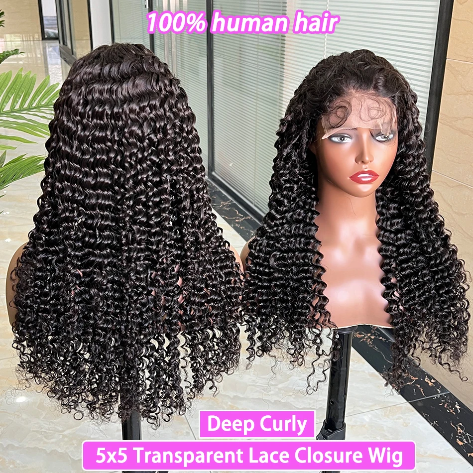 

Парик из натуральных вьетнамских волос Deep Curly с прозрачной кружевной застежкой 5x5, предварительно сформированный, 200% плотность # Натуральный черный парик из необработанных волос 1B