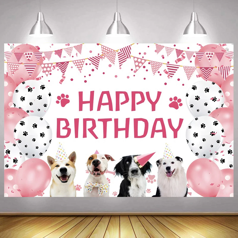 Pink Dogs Cats Backdrop Baby Girls Happy Birthday Kids Cute Pets Puppy Paw Party Photo Background for Photography Decor Props