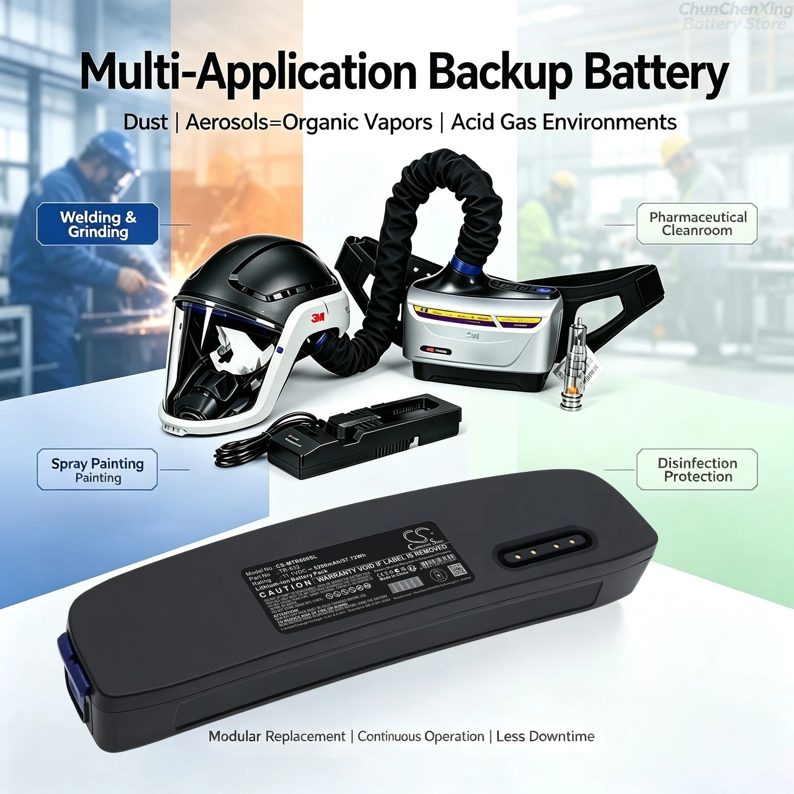 Cameron Sino 11.1V 5200mAh Replacement Battery for 3M TR-600 Powered Air Purifying Respirator TR-632