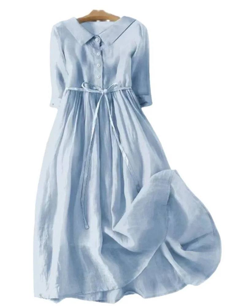 المرأة الترفيه قميص ميدي فستان ربيع الموضة بلون الوجه طوق فساتين فضفاضة السيدات الصيف نصف كم الدانتيل متابعة Vestidos