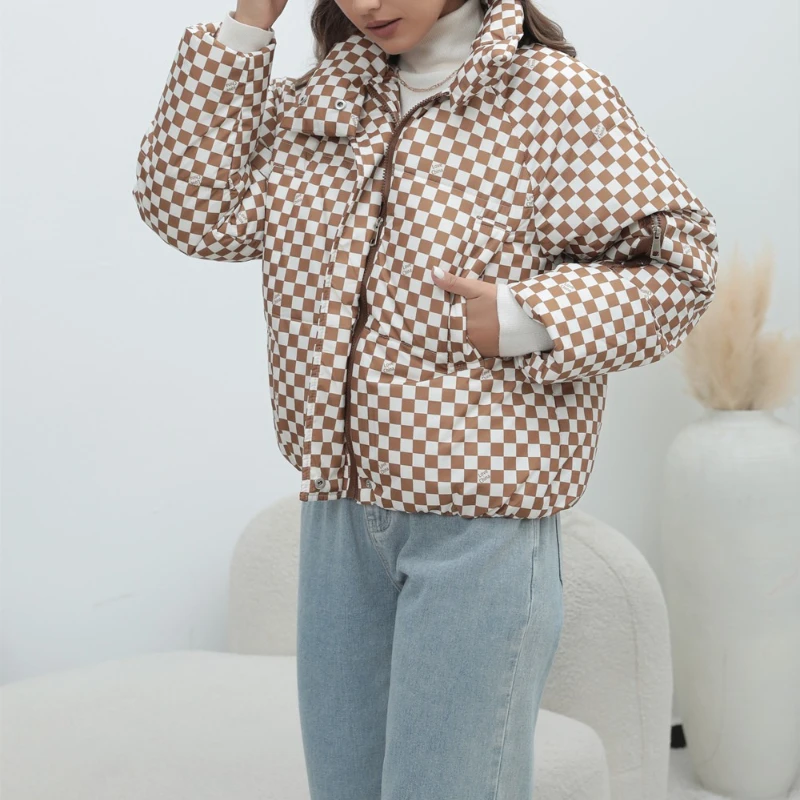 Damesmode warme geruite jas Wintermode katoenen jas Broodstijl Veelzijdige verdikte winterjas met lange mouwen voor dames