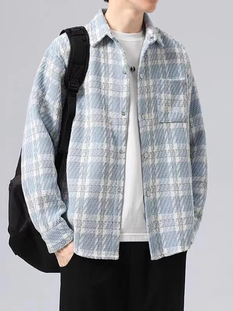 

Premium Plaid Jaet Men's Spring Autumn Casual Haome Sle Button Decorated Anti-crease Proced Youth ular Loose Fit