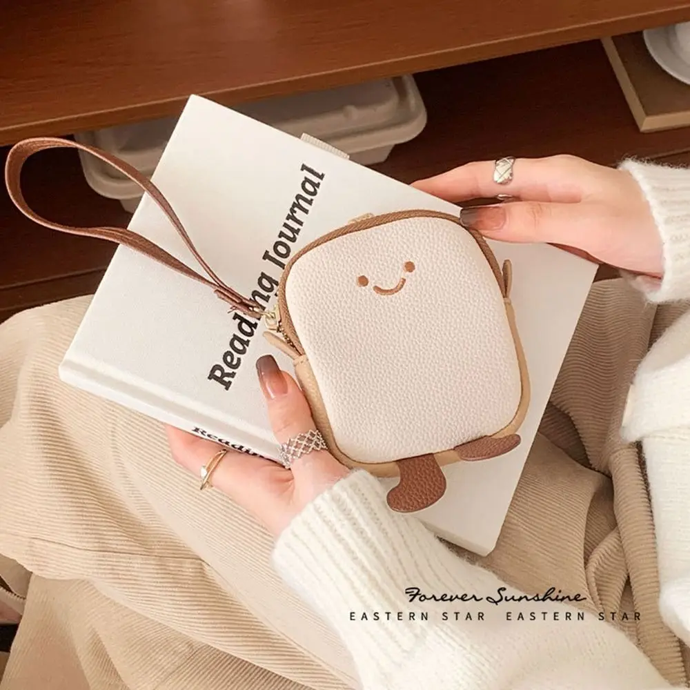 PU Leather Hanging Neck Coin Purse Lipstick Earphone Pouch Purse Lanyard Toast Bread Wallet Cute Korean Style