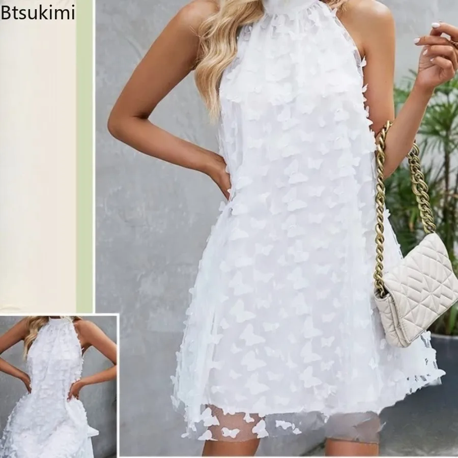 New Women Halter Neck 3D Butterfly Midi Dress Sleeveless Off‑Shoulder Double Layer Holiday Elegant Evening Party Cocktail Dress