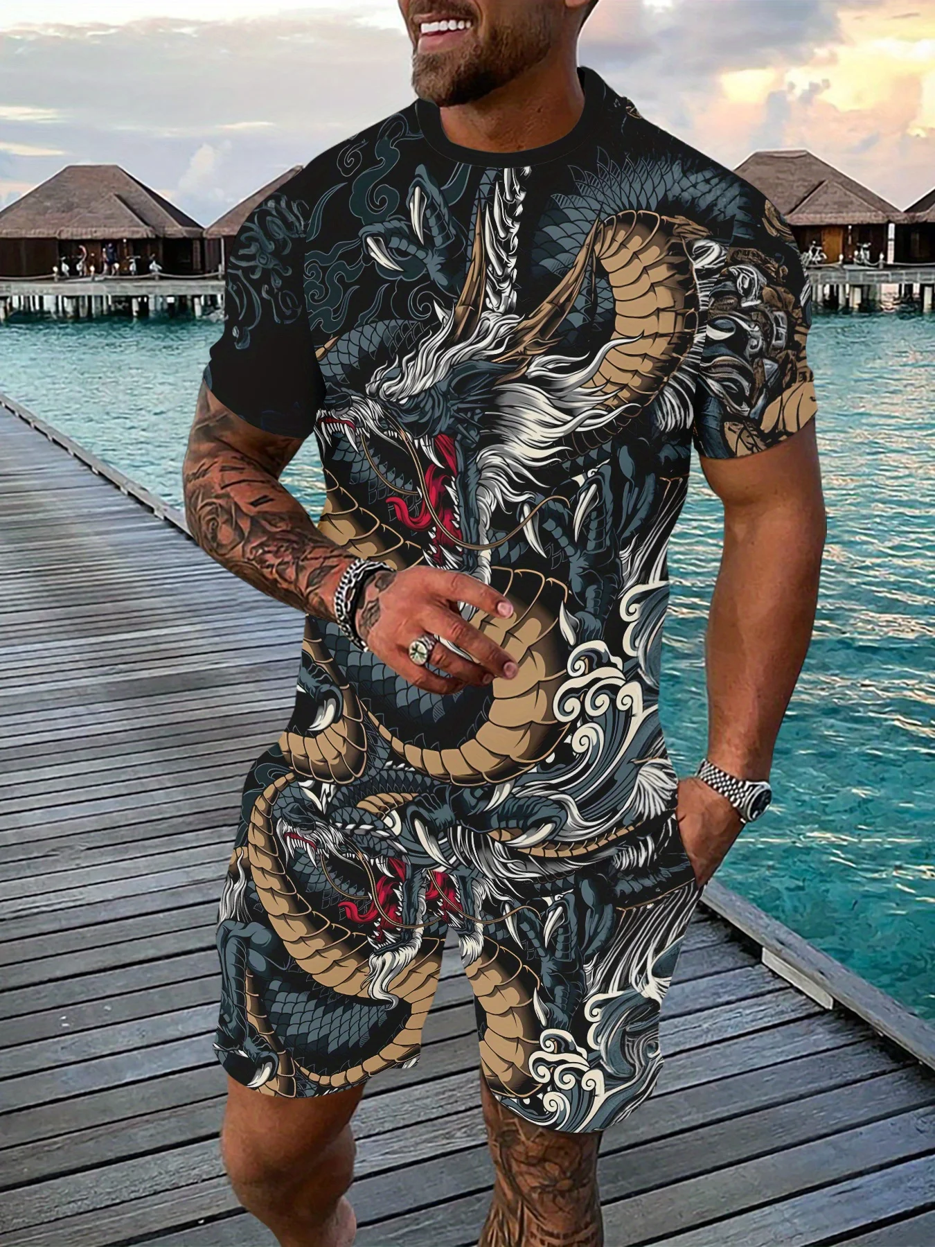 Leisure Sports Set, Breathable Outdoor Casual Men's T-shirt, Cropped Pants Set, Summer 3D Printing Set, Men's Adult Set