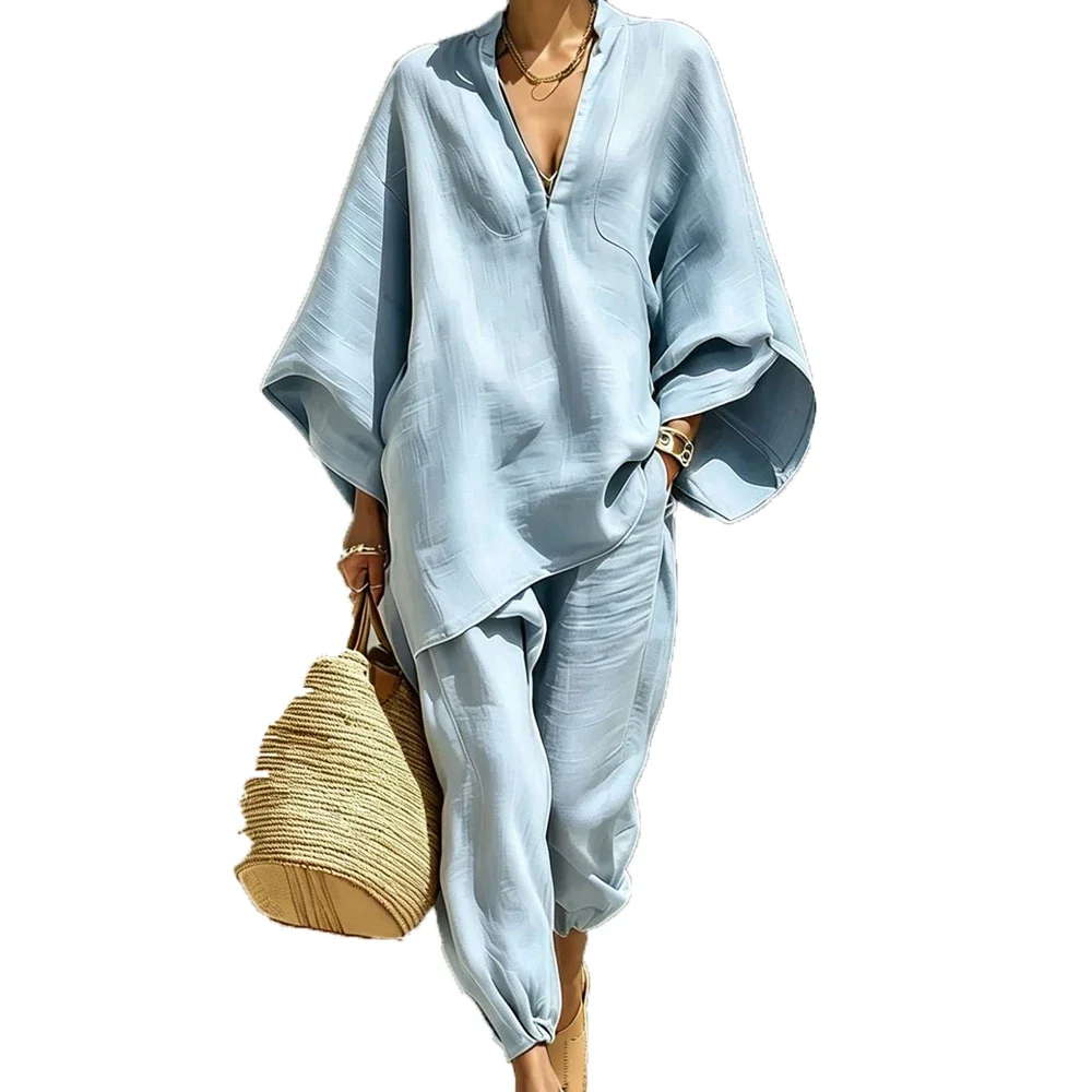 Women's Sets Two 2 Pcs Sale Summer V Neck Long Sleeve Linen Blouse Shirt&Casual Loose Pocket Wide Leg Pant Suits OUFY-2677