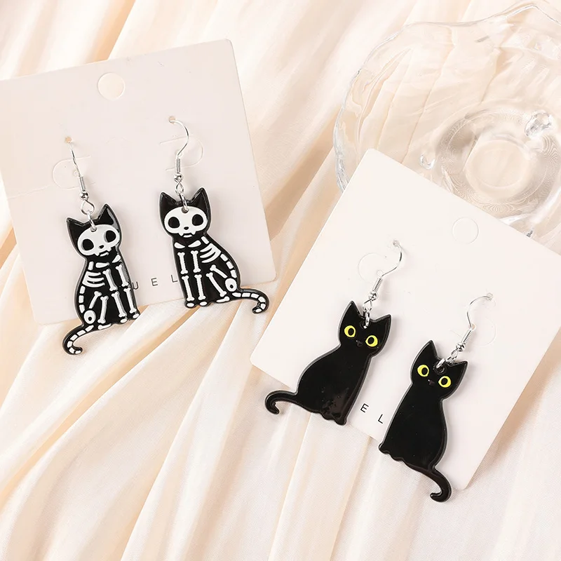 1Pair Fashion Halloween Creative Acrylic Skull Black Cat Dangle Earrings For Women Birthday Festival Gift Lovely Jewelry