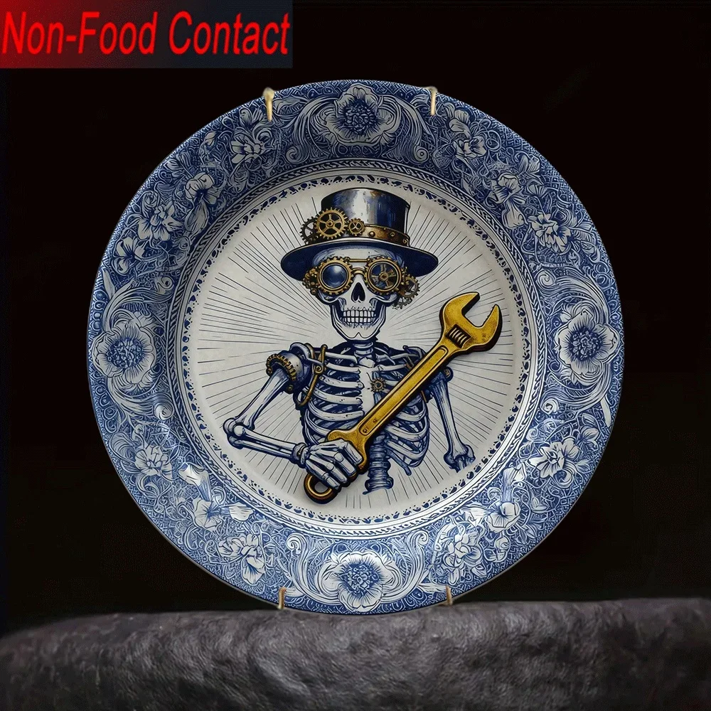 Assiette décorative en céramique gothique victorienne steampunk - Motif crâne et clé victoriens, plateau de service rond non ornemental