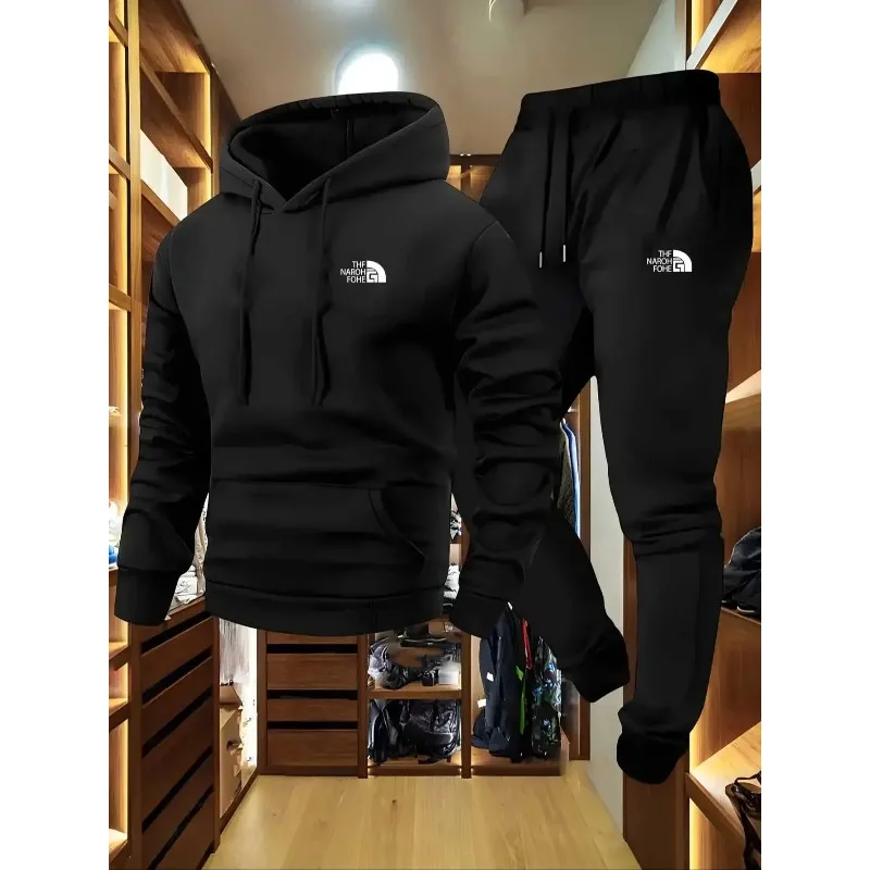 Conjunto casual de dos piezas estampado de otoño e invierno para hombre: conjunto de sudadera con capucha, ajuste regular para deportes al aire libre