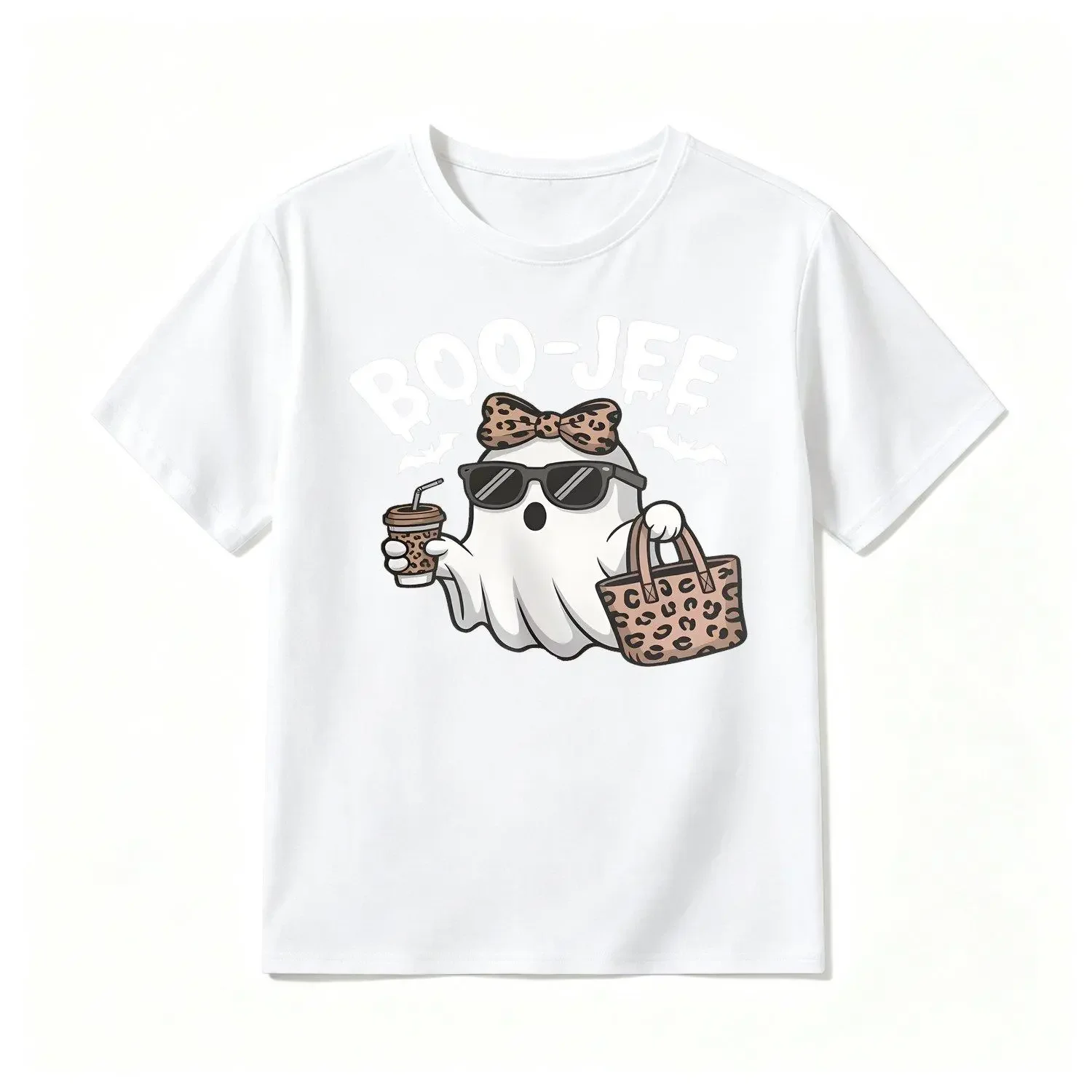 Boys' Halloween Athletic Tee, Short-Sleeve Pure Cotton Loose-Cut Top with Leopard Bow, Cute Boo Graphic & Fashion Glasses, Full Sizes for Halloween Party (Kids' Sports Clothing)