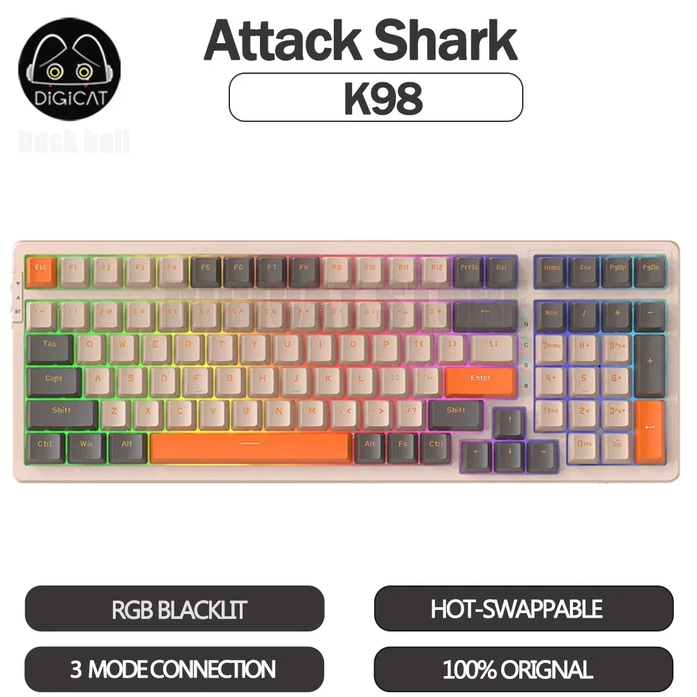 

Attack Shark K98 Mechanical Keyboard 3mode USB/2.4G/Bluetooth Wireless Keyboard 100 Keys RGB Light Hot-Swap For Gaming Keyboards