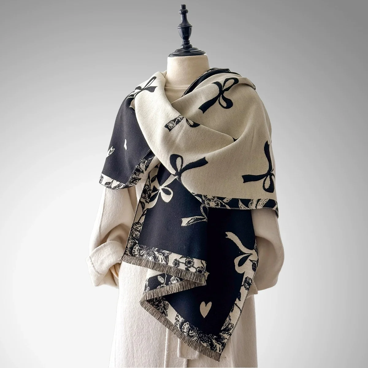 

Элегантная женская двусторонняя жаккардовая шаль из пашмины с цветочным принтом - зимний толстый теплый шарф с кисточками, холодостойкий ветрозащитный шарф-одеяло