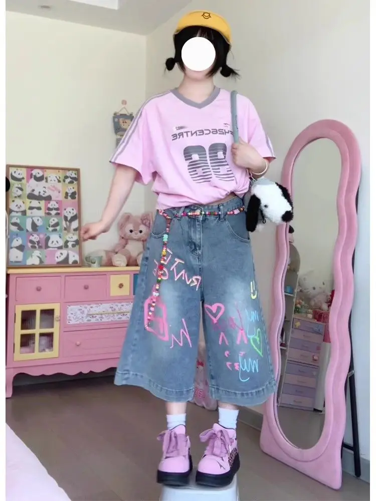 

Colorful Graffiti Print Cropped Jeans Women Dopamine Summer Wide-leg Loose Straight Casual Mid-length Pants