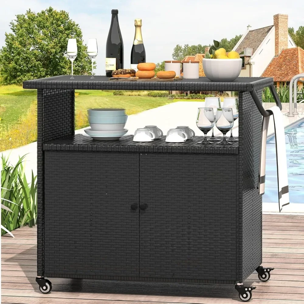 

​​"Outdoor Storage Table - Rattan Bar Cart on Wheels, Waterproof Kitchen Cabinet for Patio, Grill & Garden, Mobile Sideboard"​