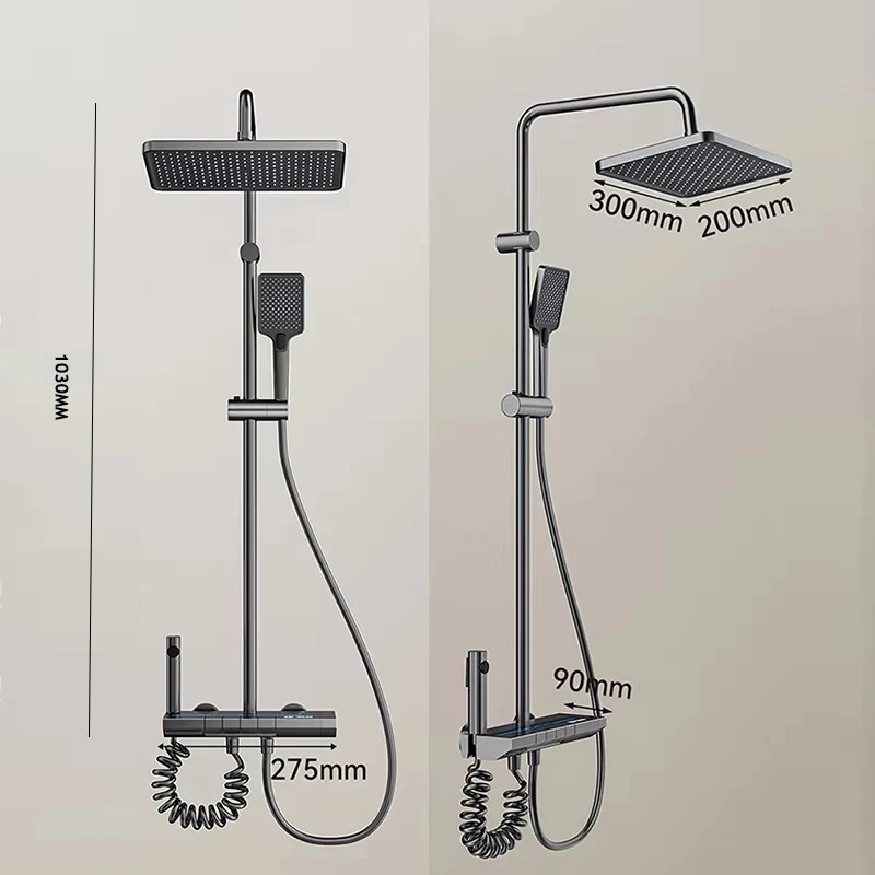 Grey Piano Button Ambient Light Bathroom Shower Full Set Digital Display Shower System Sets Rain Faucets Shower Head