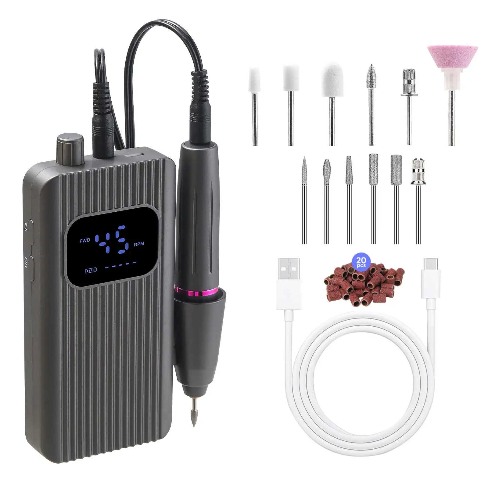 DianaBeauty 45000RPM Nail Drill Machine Portable Nail Polisher with USB Charging Electric Nail Lathe with 1600mAh Nail Tools