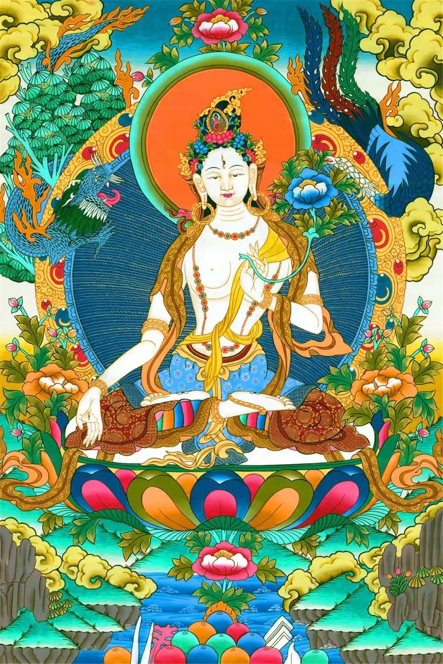 

White Tara Thangka,Gandhanra Tibetan Buddhist Thangka Art,Giclee Printed and Hand Framed,47" × 32"