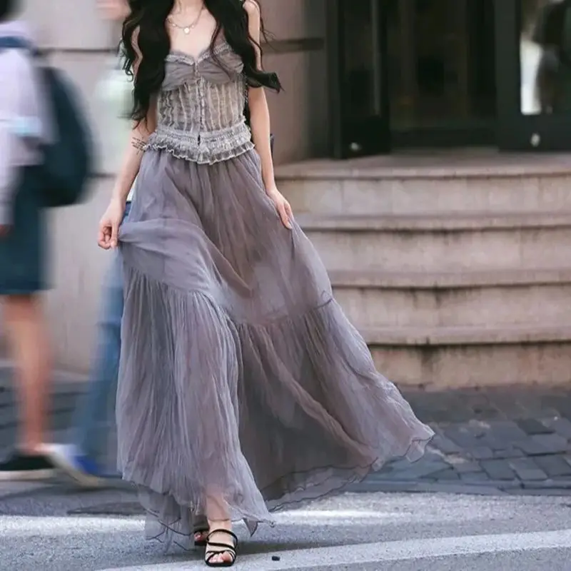 

New Fashion Mesh Skirt Women Summer Elastic High Waist A-line Pleated Fairy Elegant Party Long Skirts Sweet Tutu Tulle Jupe