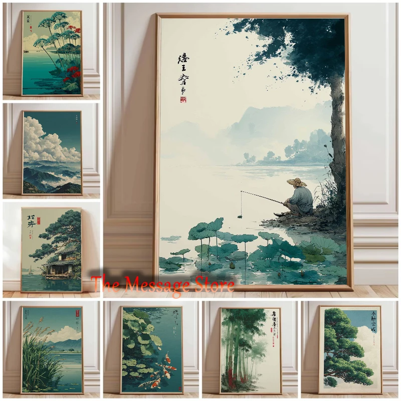 Affiche de paysage naturel tranquille de maison au bord du lac japonais, peinture sur toile, images murales, décoration de maison