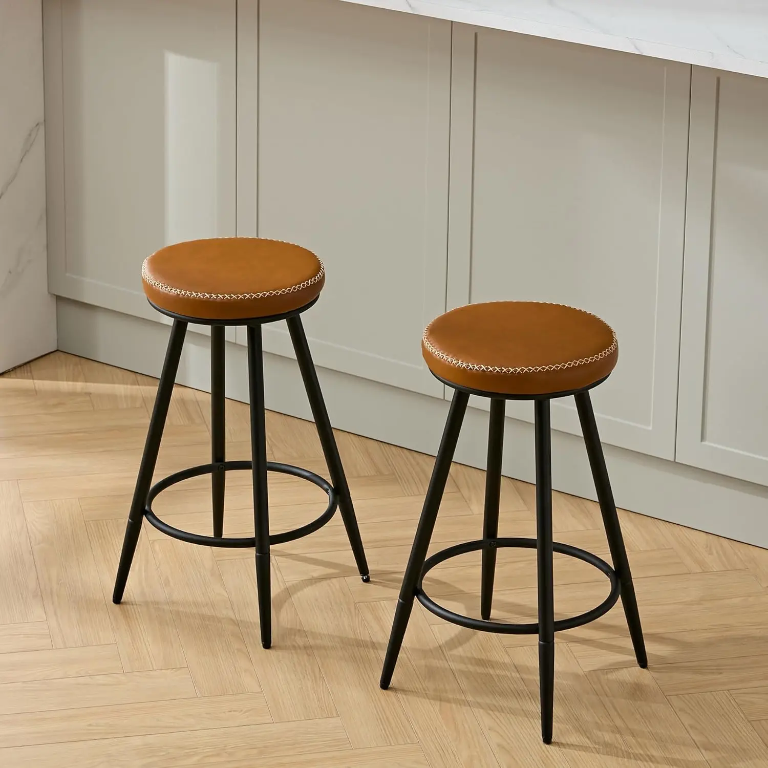 

Bar Stools Set Of 2, Swivel Backl 24"" Counter Height Bar Stools For Kitchen Island, Faux Leather Counter Stools (Whiskey