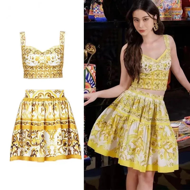 Summer Yellow And White Porcelain Print Holiday 2 Piece Set Women Spaghetti Strap Back Zip Chest Pad Corp Tops + Mini Skirt Suit