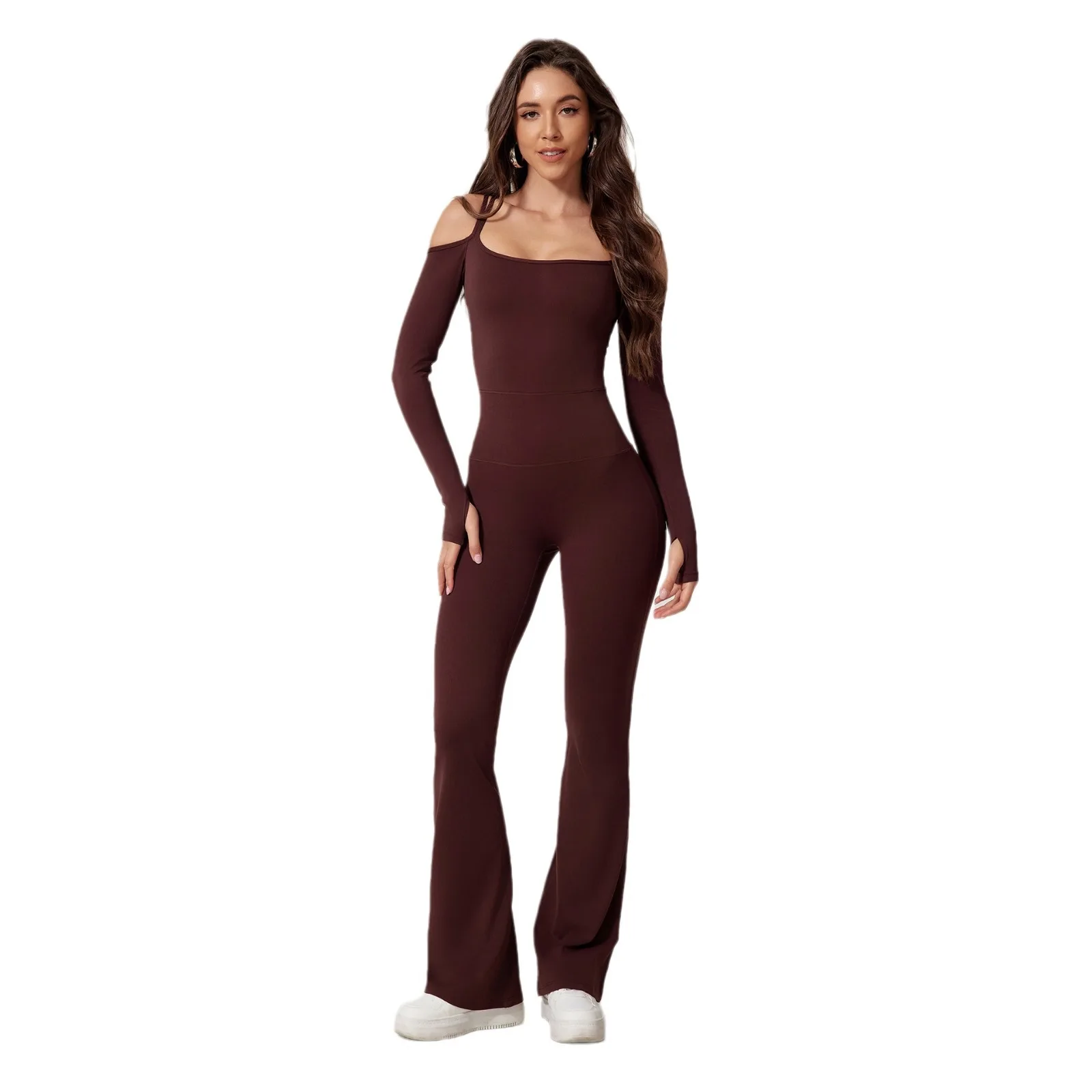 

Mermaid Curve New Style Back Off-shoulder Double Shoulder Strap Sexy One-piece Long-sleeved Flared Pants