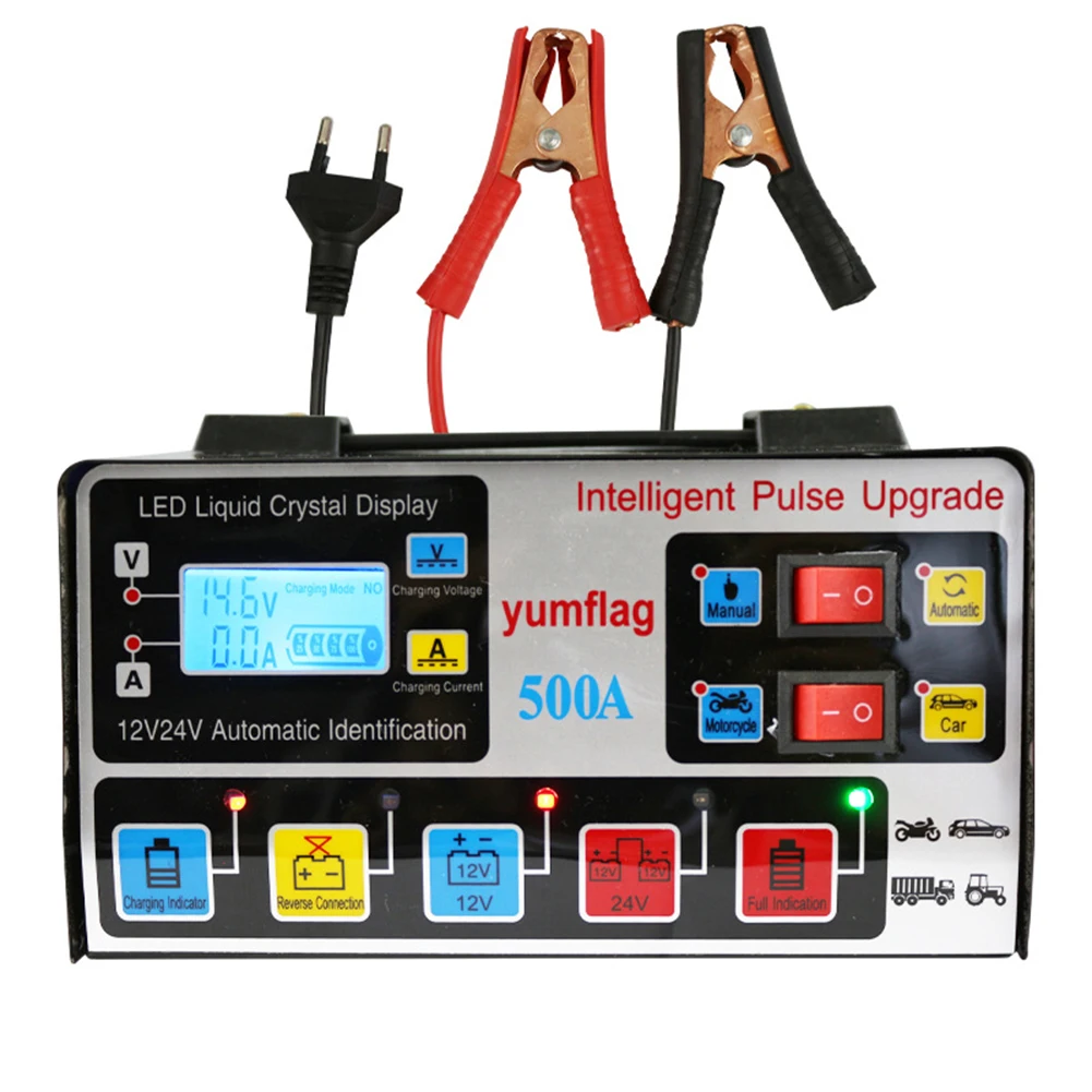 

500A Battery High Power Fast Charger 12V/24V Car Battery Charger LCD Display Electric Motorcycles Charger for Car Motorcycle