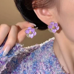 Lavender Purple Flowers Stud Earring for Women Simple Enamel Crystal Rhinestone Personality Jewelry Girl Gift